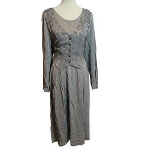 Dawn Joy VTG Dress Midi Length Corset Vest Gray Renaissance Cottagecore Size Med